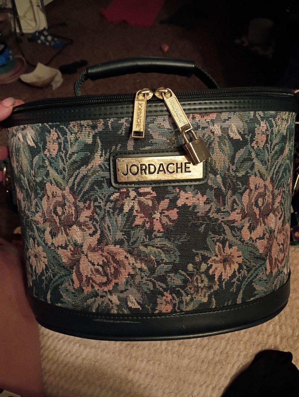 Vintage Jordache Floral Tapestry Cosmetic Case in Green and Pink